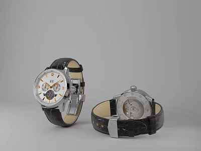 Luxury Silver Case Mechanical Wristwatch With White Dial Gold Accents Black Crocodile Leather Strap 3d model