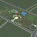Park Landscape Design With Green Lawns Circular Track Central Plaza And Blue Pond