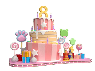 Colorful 8th Birthday Cake With Star Frosting Lollipops Paw Prints Gift Boxes And Party Hat 3d model