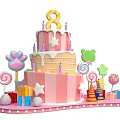 Colorful 8th Birthday Cake With Star Frosting Lollipops Paw Prints Gift Boxes And Party Hat
