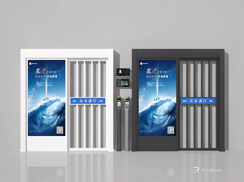 Public Storage Lockers With White And Black Design Vertical Slats And Blue Display Panels 3d model 