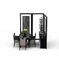 Modern Dining Table And Chairs Set In Stylish Room With Decorative Screen Vase And Tableware