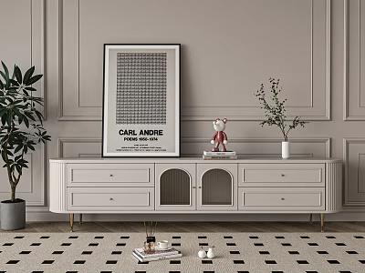 White TV Stand with Drawers Cabinet Doors and Decorative Artwork Pink Figurine on Paneled Wall 3d model