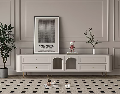 White TV Stand with Drawers Cabinet Doors and Decorative Artwork Pink Figurine on Paneled Wall 3d model