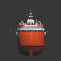 Red And White Water Transport Vessel With Green Deck Helicopter Pad And Equipment