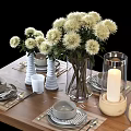 Stylish Wooden Dining Table Decorated With Plates Placemats Candles And Flower Vase