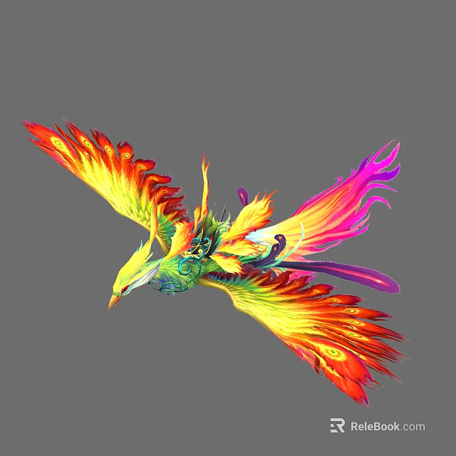 Colorful Phoenix Flying With Vibrant Red Yellow Pink Feathers And Elegant Wings 3d model 