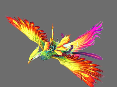 Colorful Phoenix Flying With Vibrant Red Yellow Pink Feathers And Elegant Wings 3d model