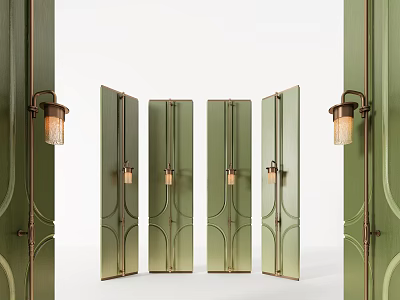 Green Folding Screen With Glass Panels Metal Frame And Decorative Wall Sconces 3d model