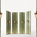 Green Folding Screen With Glass Panels Metal Frame And Decorative Wall Sconces
