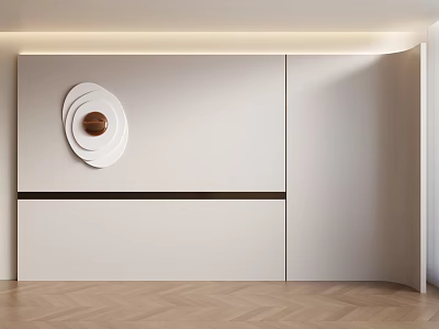Modern Minimalist Interior Wall With Circular Art Decor And Herringbone Wooden Floor 3d model