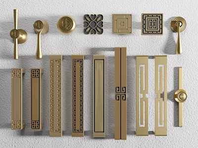 Assorted Brass Furniture Handles With Various Decorative Patterns And Shapes For Cabinets 3d model