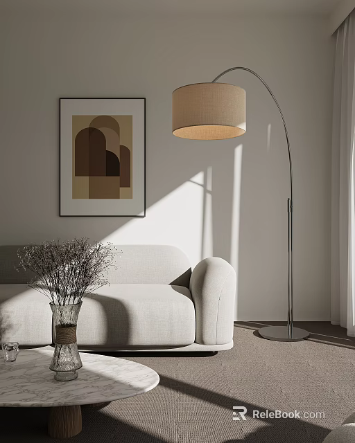 Modern Beige Sofa And Coffee Table Set With Floor Lamp Geometric Artwork And Dried Flowers 3d model 