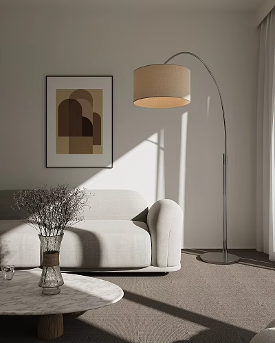 Modern Beige Sofa And Coffee Table Set With Floor Lamp Geometric Artwork And Dried Flowers 3d model