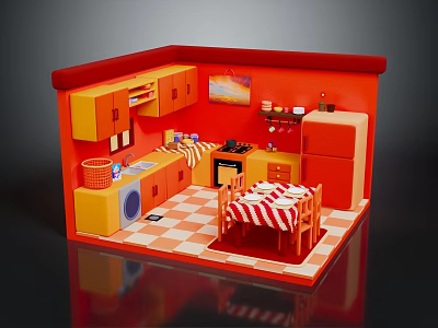Colorful Kitchen Furniture With Orange Red Cabinets Dining Table And Checkerboard Floor 3d model