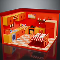 Colorful Kitchen Furniture With Orange Red Cabinets Dining Table And Checkerboard Floor