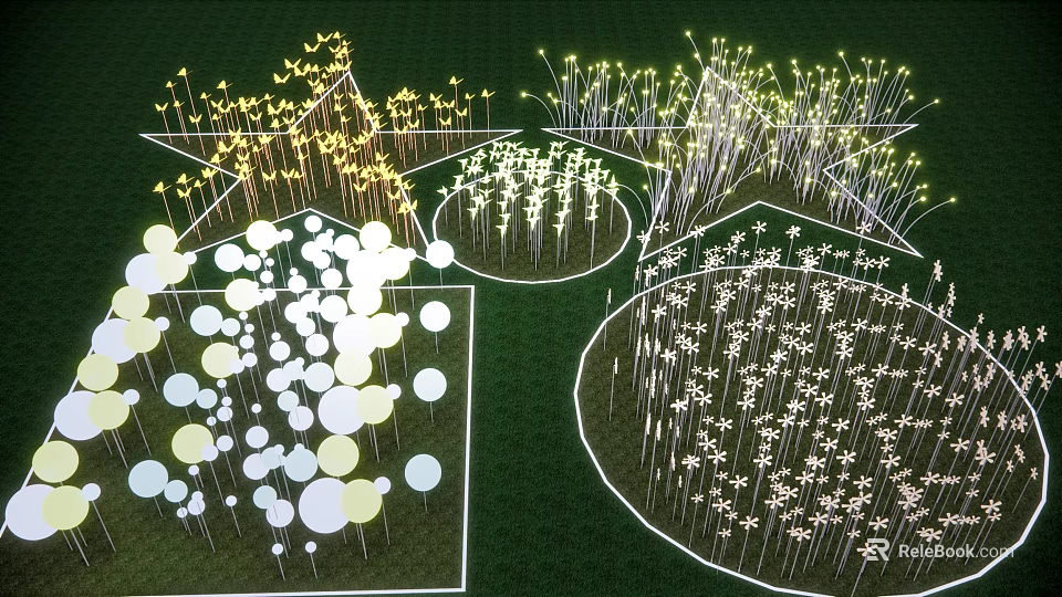 Outdoor Decorative Lights with Star Round and Flower Shapes Glowing on Green Lawn 3d model 