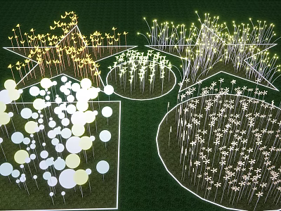 Outdoor Decorative Lights with Star Round and Flower Shapes Glowing on Green Lawn 3d model
