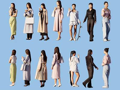 Multiple Women in Various Fashion Outfits Different Poses Full Body from Different Angles Blue Background 3d model