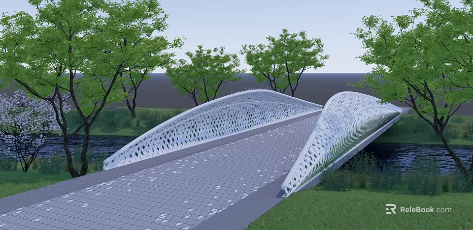 Modern Curved Silver Landscape Bridge With Perforated Design Gray Pavement Green Trees And Grassland 3d model 