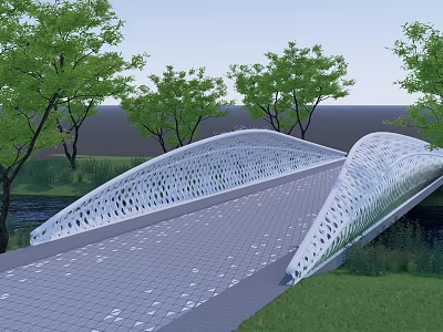 Modern Curved Silver Landscape Bridge With Perforated Design Gray Pavement Green Trees And Grassland 3d model