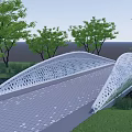 Modern Curved Silver Landscape Bridge With Perforated Design Gray Pavement Green Trees And Grassland