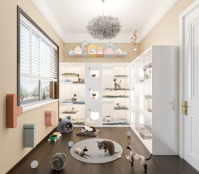 Cozy Indoor Cat Playroom With Multiple Cats Climbing Frames And Toys 3d model