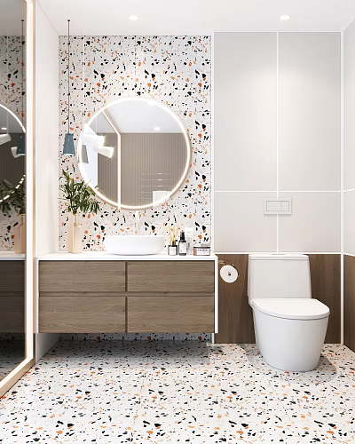 Modern Bathroom Interior with Round Mirror Colorful Speckled Wall Wooden Vanity White Toilet and Green Plant 3d model