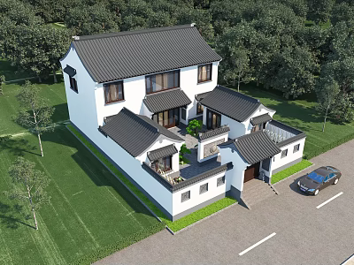 Traditional Chinese Detached Villa With Tiled Roof White Walls Courtyard And Green Surroundings 3d model