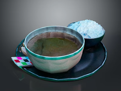 Carved Ceramic Bowl Sculpture With Liquid And White Powder On Plate 3d model