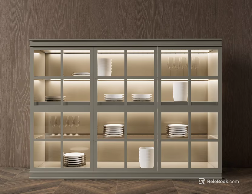 Modern Sideboard With Glass Doors And Built-in Lighting For Dinnerware 3d model 