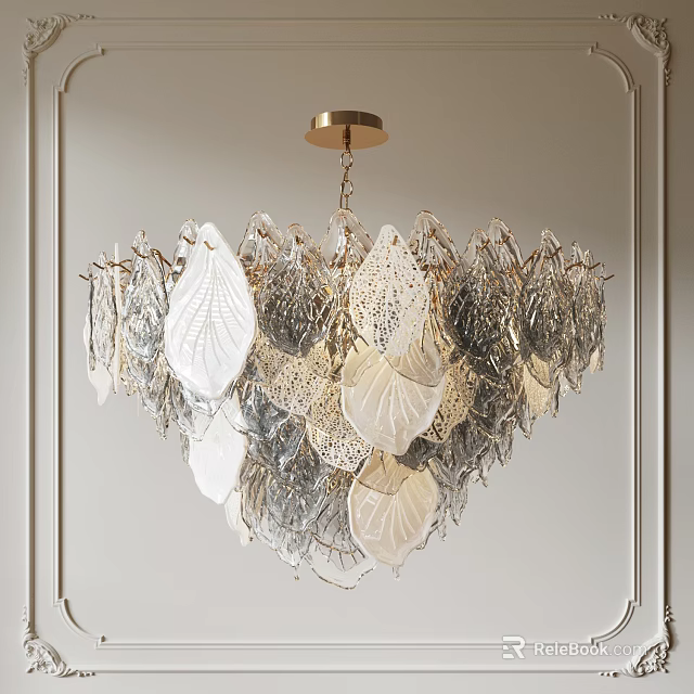 Modern Elegant Chandelier With White Silver Leaf Shaped Glass Elements And Golden Base 3d model 