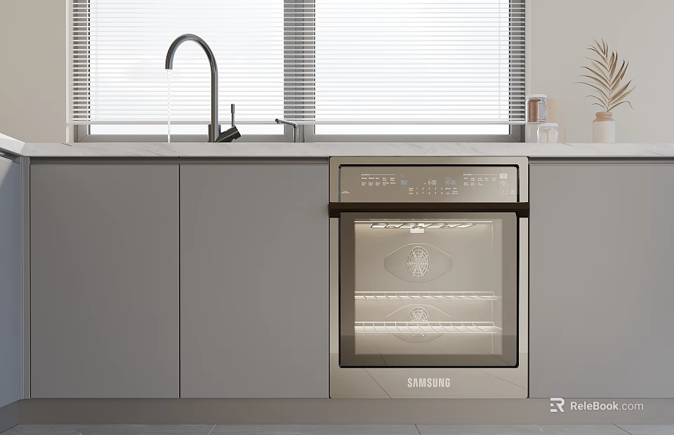 Modern Minimalist Kitchen With Samsung Dishwasher Light Gray Cabinets And Window Blinds 3d model 