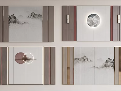 Modern Minimalist Background Wall with Chinese Landscape Art Circular Designs and Multicolored Frames 3d model
