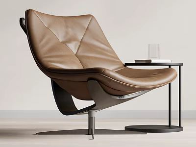 Modern Brown Leather Accent Chair With Ergonomic Design Side Table And Glass On Neutral Background 3d model