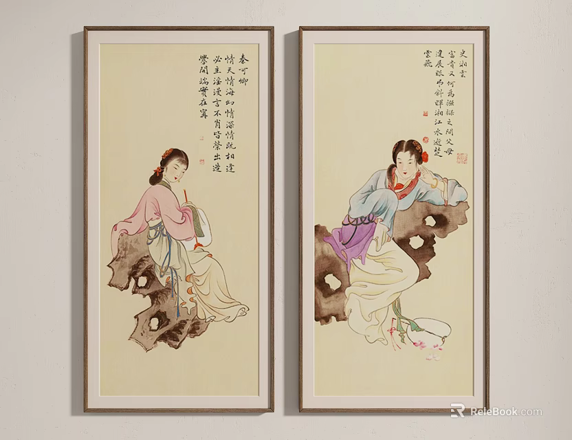 Traditional Chinese Figure Paintings Featuring Elegant Female Figures In Attire With Calligraphy Framed Wall Art 3d model 