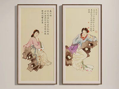 Traditional Chinese Figure Paintings Featuring Elegant Female Figures In Attire With Calligraphy Framed Wall Art 3d model