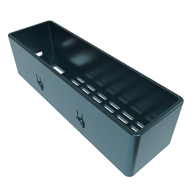 Black Rectangular Storage Container Featuring Multiple Holes and Hanging Hooks 3d model