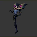 Stunning Fantasy Game Movie Character with Blue Outfit Purple Hair Glowing Wings and Dynamic Stance