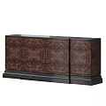 Wooden Entryway Console And Side Cabinet With Intricate Pattern Design And Black Base