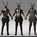 Game and Movie Character Design with Antler Headgear Bare Torso Tattoos Pocketed Pants and Boots