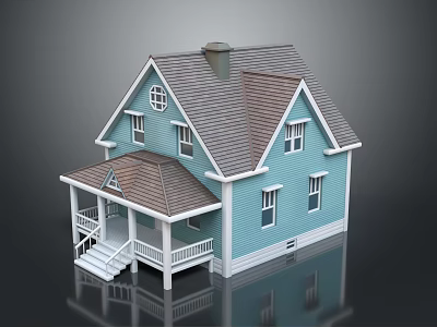 Single Family Home With Blue Exterior Brown Roof Porch Chimney And White Window Frames 3d model