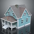 Single Family Home With Blue Exterior Brown Roof Porch Chimney And White Window Frames