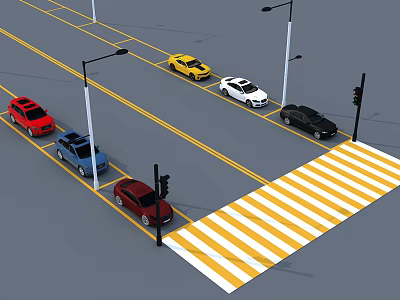 Parking Lot Featuring Colored Vehicles Street Lamps Traffic Lights And Zebra Crossing 3d model