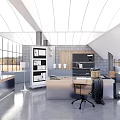 Modern Public Office Space With Large Windows Work Desk Office Chair And Shelving