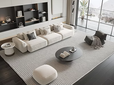 Modern Cream Sofa and Black Round Coffee Table Set With Striped Rug Throw Pillows and Elegant View 3d model