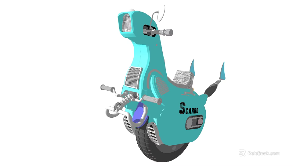 Blue Cartoon Style Three Wheeled Car Featuring SCABO Logo Headlight And Seat 3d model 
