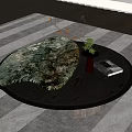 Modern Round Coffee Table With Green Pattern Top Red Vase Book And Plants On Rug
