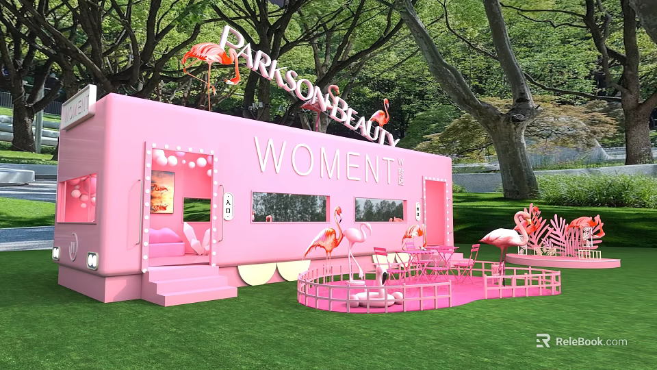 Pink Commercial Street Mobile Store with Parlsonbeauty Women Theme Flamingo Decorations and Green Grass Surroundings 3d model 