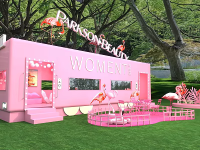 Pink Commercial Street Mobile Store with Parlsonbeauty Women Theme Flamingo Decorations and Green Grass Surroundings 3d model